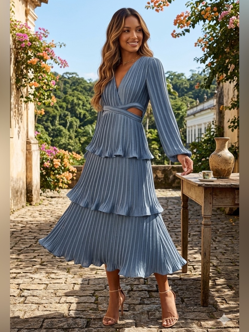 NWT Petal & Pup PIPPA Blue Pleated Tiered Midi Skirt SMALL